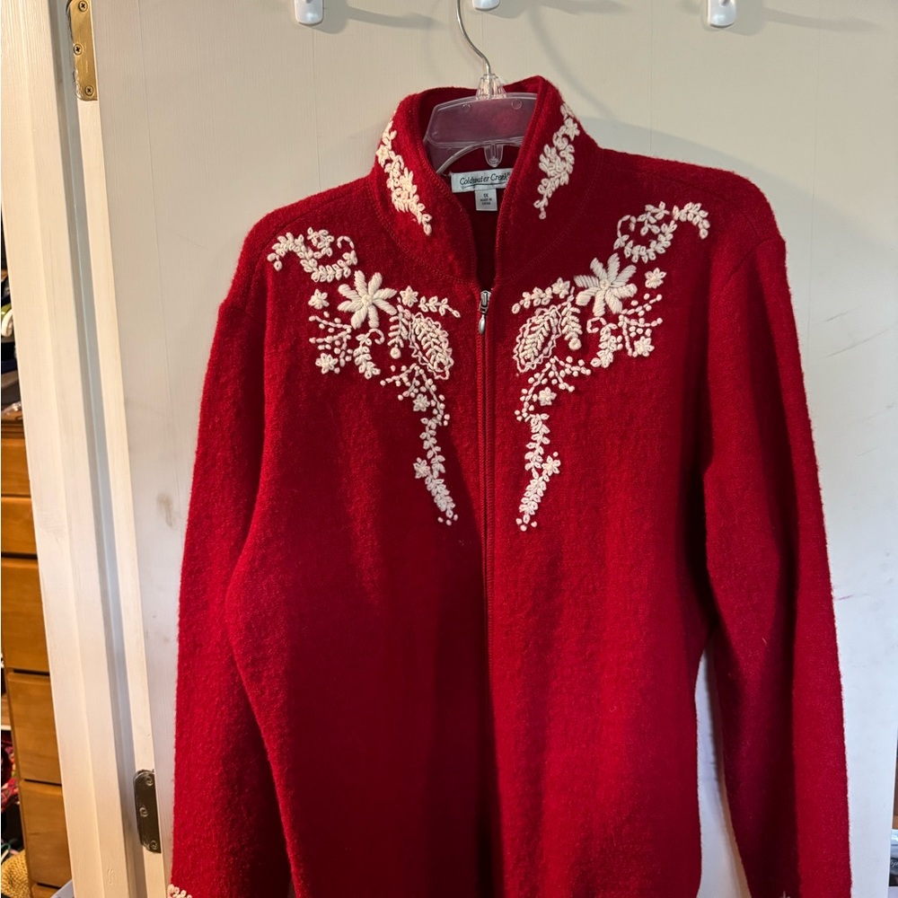 Coldwater Creek Red Cardigan with White Floral Embroidery